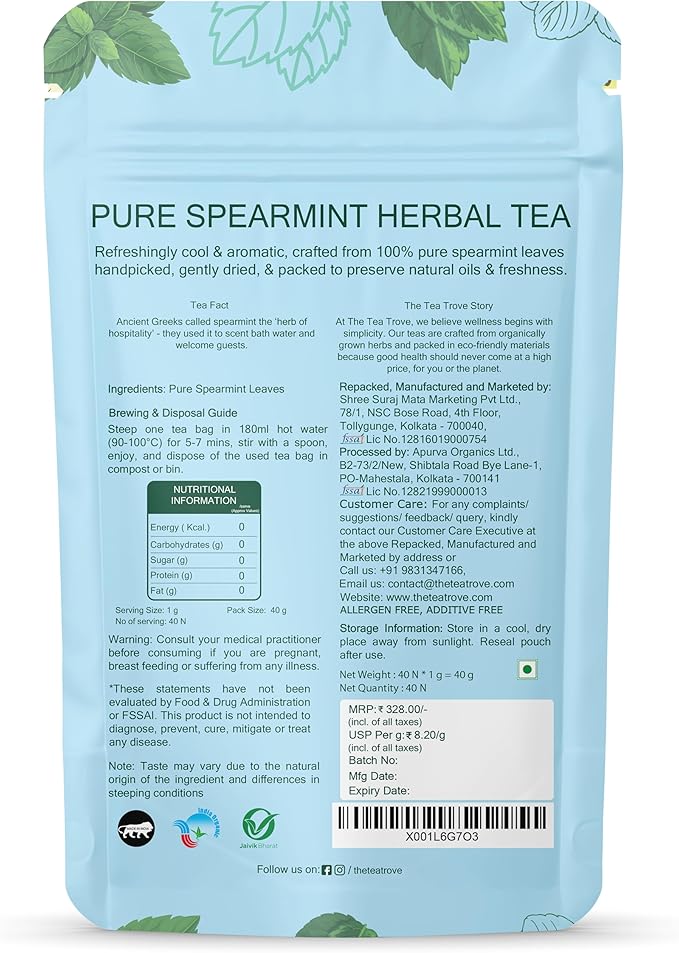 Organic spearmint tea bags with a refreshing minty taste. Caffeine-free, eco-friendly packaging, 40 tea bags for daily wellness and digestive comfort.