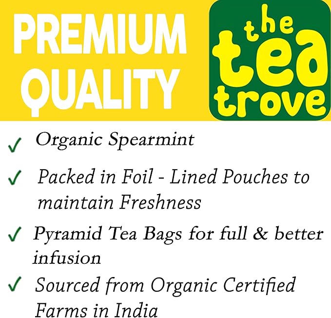 Organic spearmint tea bags with a refreshing minty taste. Caffeine-free, eco-friendly packaging, 40 tea bags for daily wellness and digestive comfort.