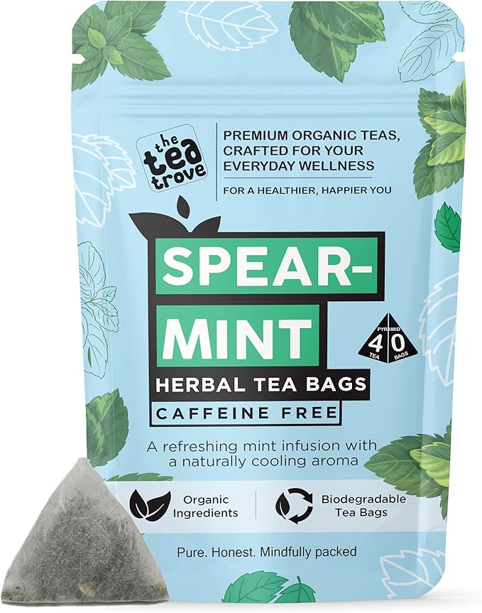 Organic spearmint tea bags with a refreshing minty taste. Caffeine-free, eco-friendly packaging, 40 tea bags for daily wellness and digestive comfort.