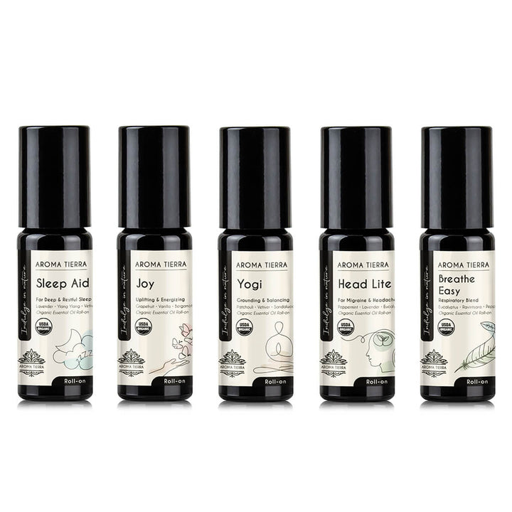 Roll-ons blended essential oils for sleep, mood enhancement, respiratory support, and headache relief