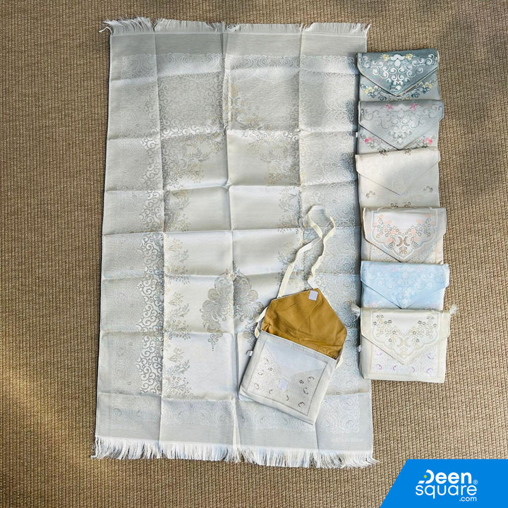 Buy lightweight travel prayer mat with pouch at deensquare.com Dubai | UAE. Made in Syria, compact, foldable musallah ideal for travel, Umrah &amp; Hajj.