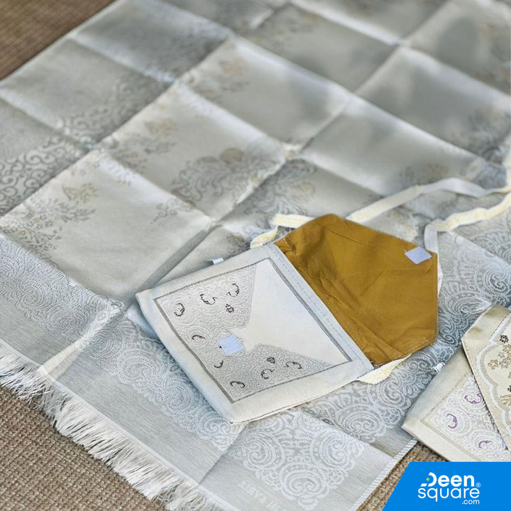 Buy lightweight travel prayer mat with pouch at deensquare.com Dubai | UAE. Made in Syria, compact, foldable musallah ideal for travel, Umrah &amp; Hajj.