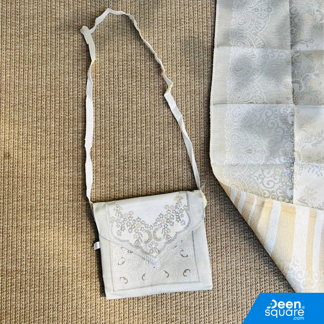 Buy lightweight travel prayer mat with pouch at deensquare.com Dubai | UAE. Made in Syria, compact, foldable musallah ideal for travel, Umrah &amp; Hajj.