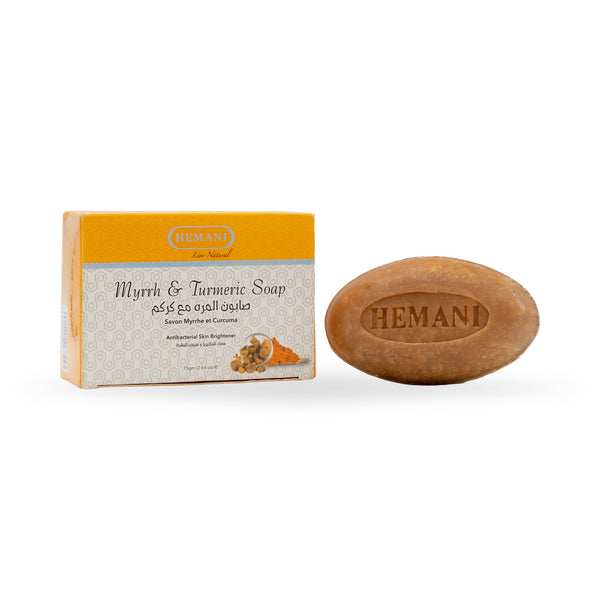 Shop Hemani Turmeric & Myrrh Soap 75g for clean, refreshed skin. Herbal brightening & purifying soap. Order online in UAE with fast delivery.