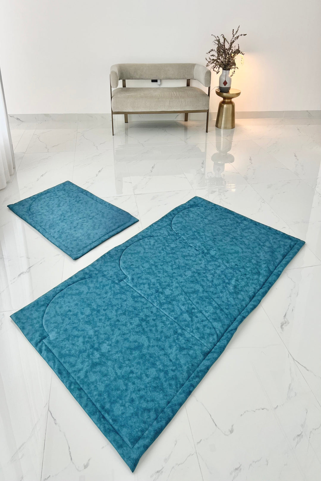 Buy turquoise family prayer mat set for 3–4 people at deensquare.com with fast shipping in Dubai | UAE. Premium Jodali prayer mat.
