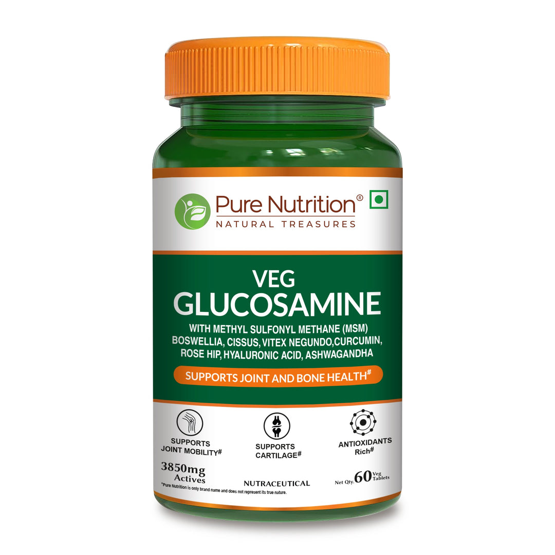 Pure Nutrition Vegan Glucosamine MSM with Boswellia tablets supporting joint health, cartilage support, mobility and inflammation relief.