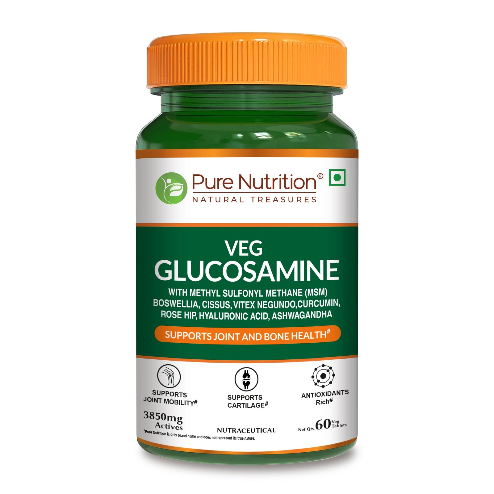 Pure Nutrition Vegan Glucosamine MSM with Boswellia tablets supporting joint health, cartilage support, mobility and inflammation relief.