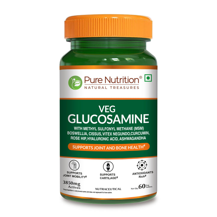Pure Nutrition Vegan Glucosamine MSM with Boswellia tablets supporting joint health, cartilage support, mobility and inflammation relief.