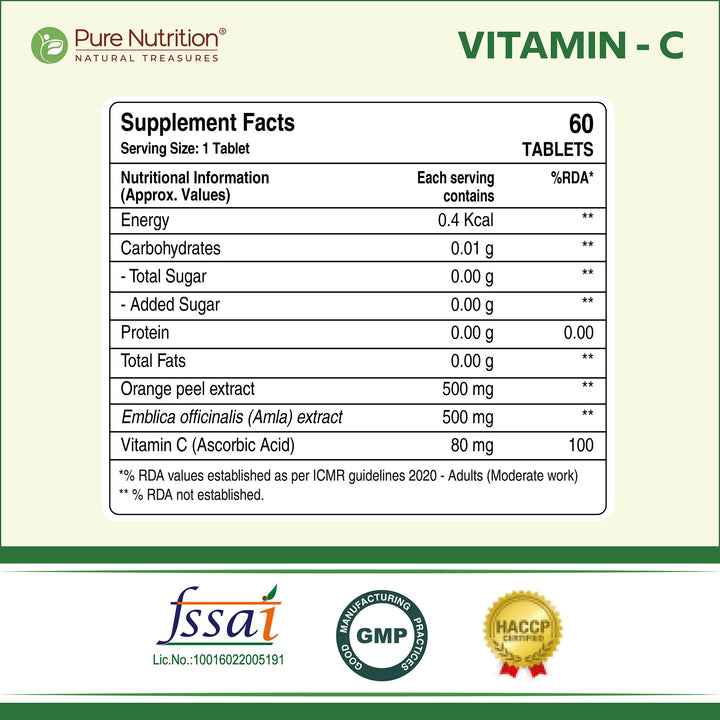Pure Nutrition Vitamin C with Amla &amp; Orange Peel Extract  1250mg- 60 Veg Tablets