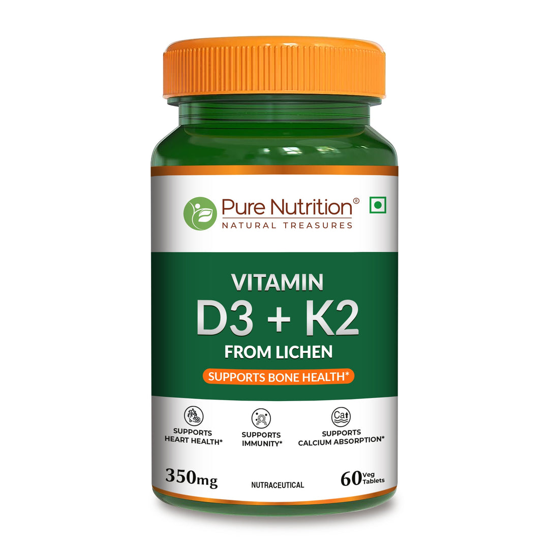 Bottle of Pure Nutrition Vitamin D3 K2 MK7 vegetarian tablets formulated to support bone strength, calcium absorption, immunity and heart health.
