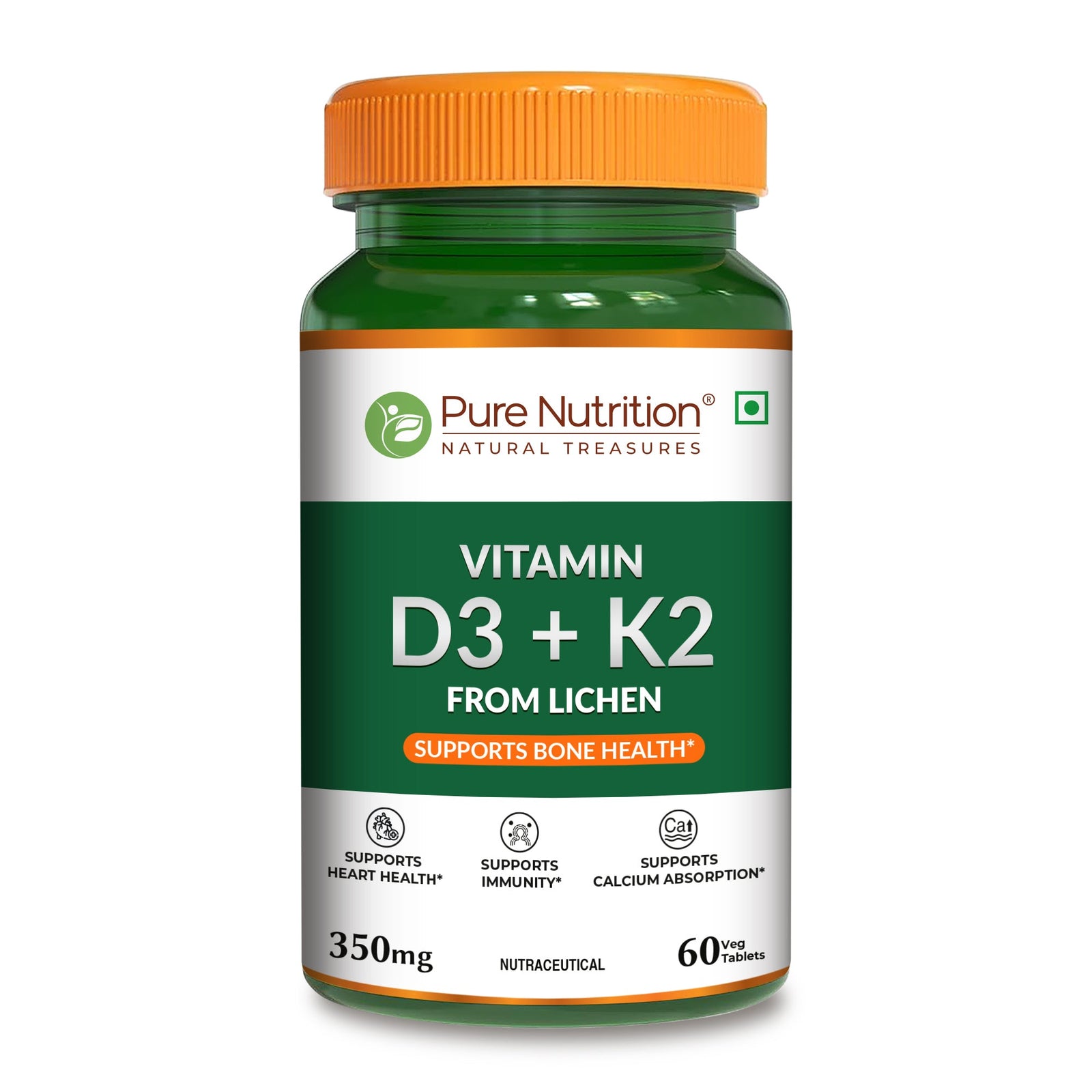 Bottle of Pure Nutrition Vitamin D3 K2 MK7 vegetarian tablets formulated to support bone strength, calcium absorption, immunity and heart health.