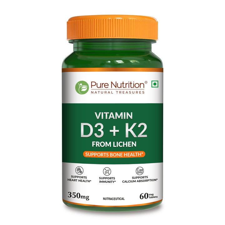 Bottle of Pure Nutrition Vitamin D3 K2 MK7 vegetarian tablets formulated to support bone strength, calcium absorption, immunity and heart health.