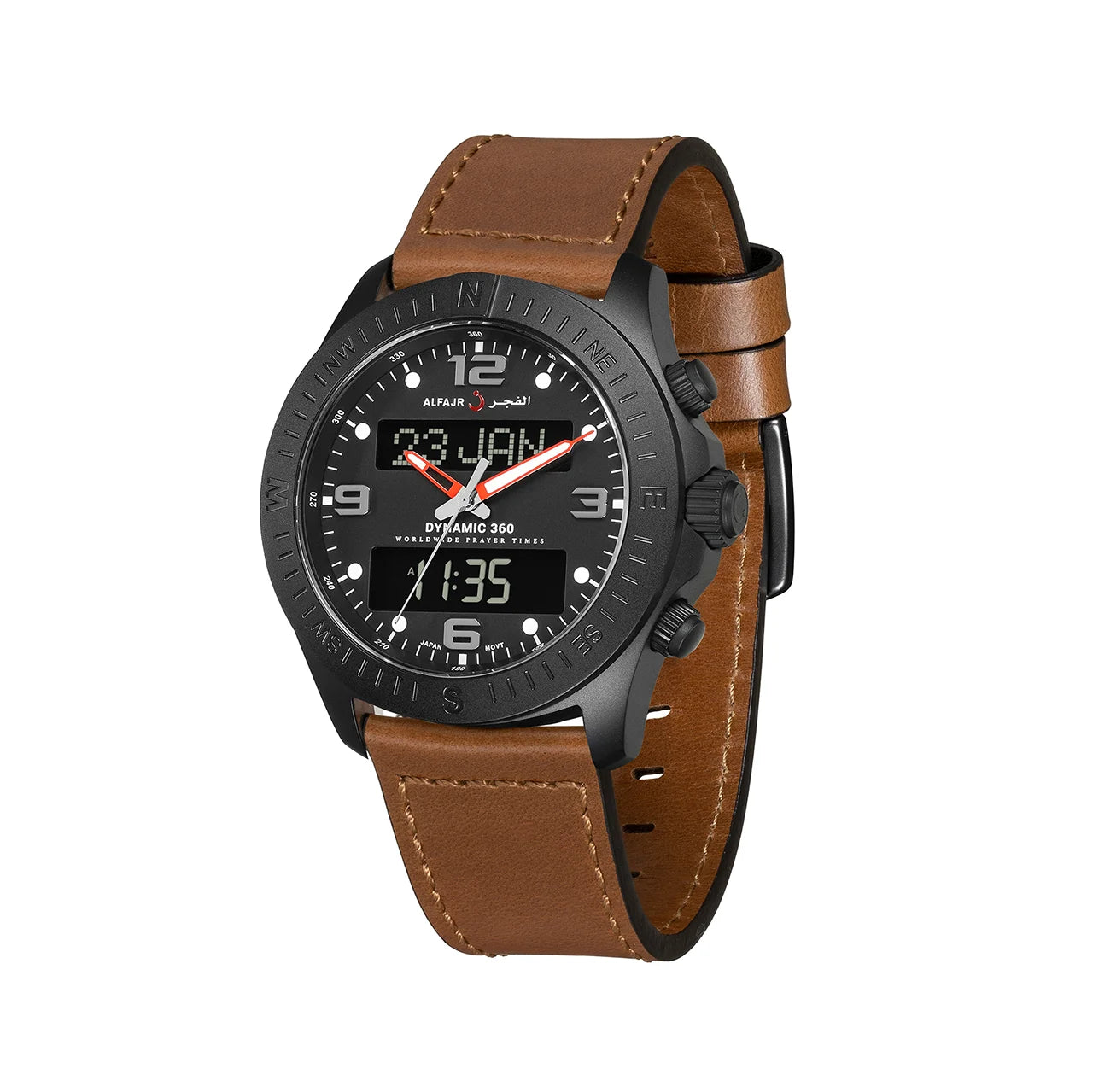 Al Fajr Dynamic 360 Azan Watch Black Dial WH-24 – Brown Leather Strap
