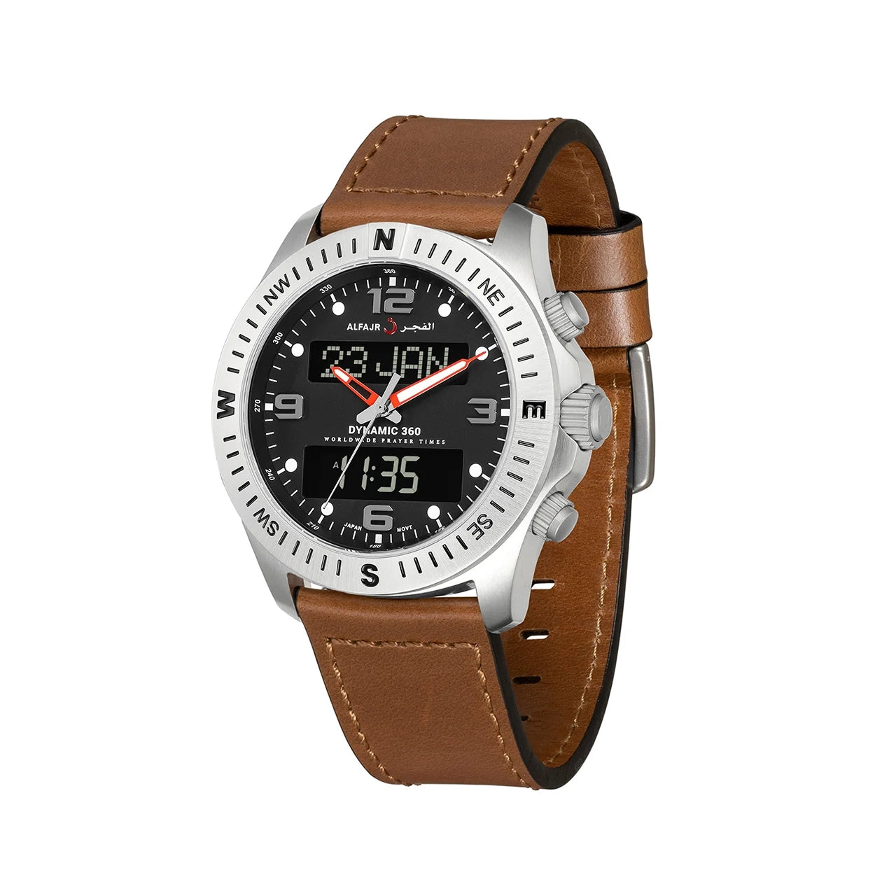 Al Fajr Dynamic 360 Azan Watch Silver Dial WH-24 – Brown Leather Strap