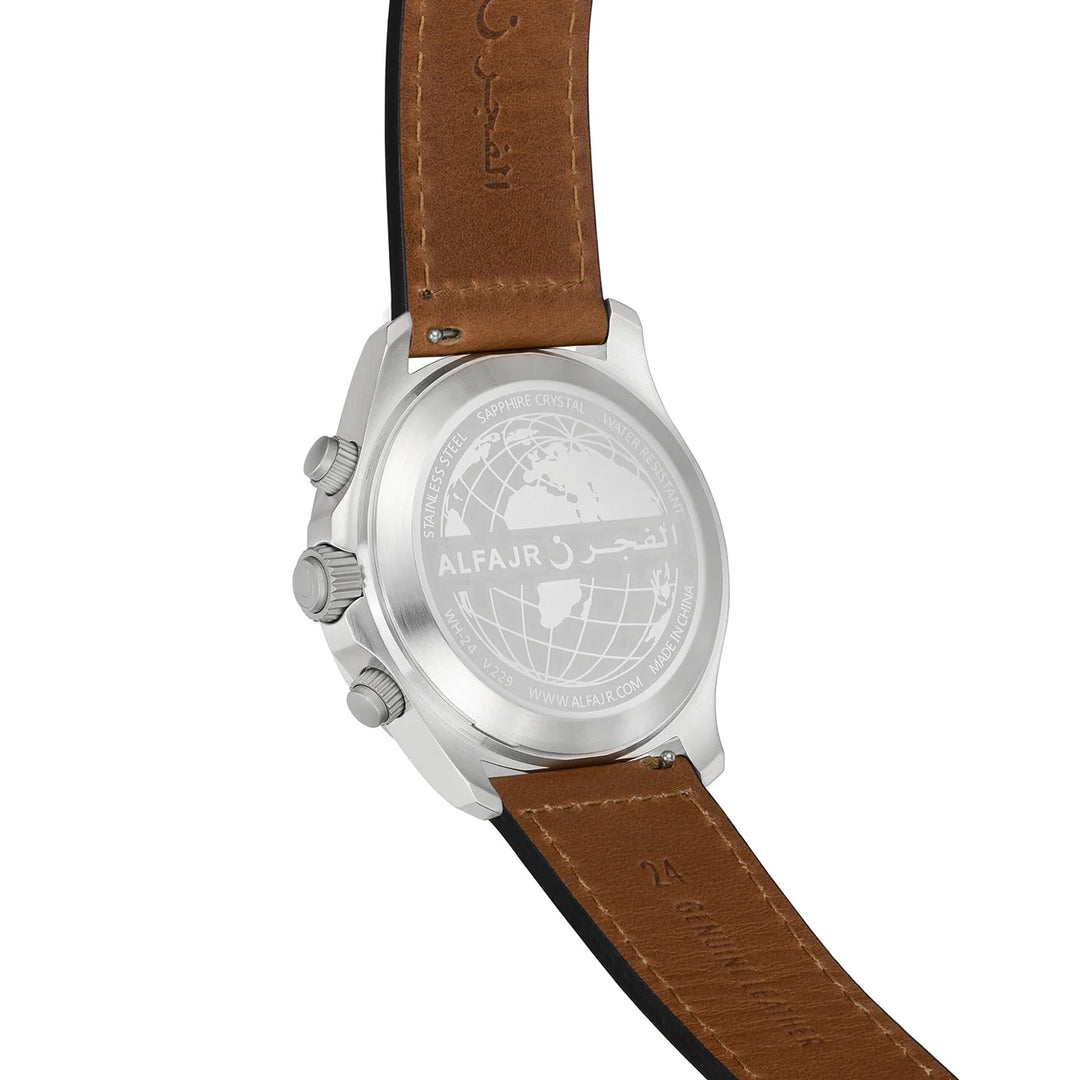 Al Fajr Dynamic 360 Azan Watch Silver Dial WH-24 – Brown Leather Strap