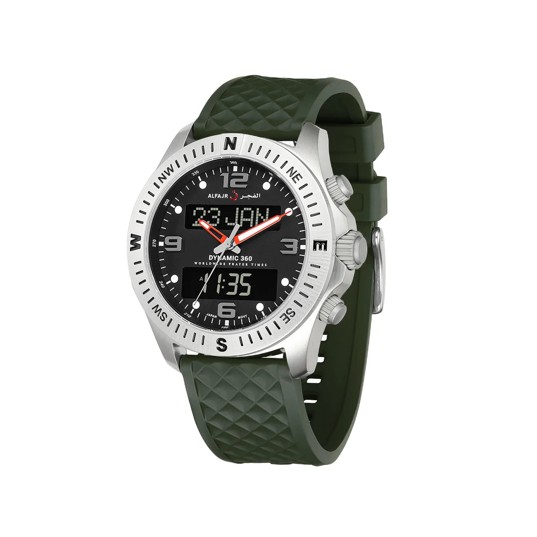 Al Fajr Dynamic 360 Azan Watch Silver Dial WH-24 – Green Strap