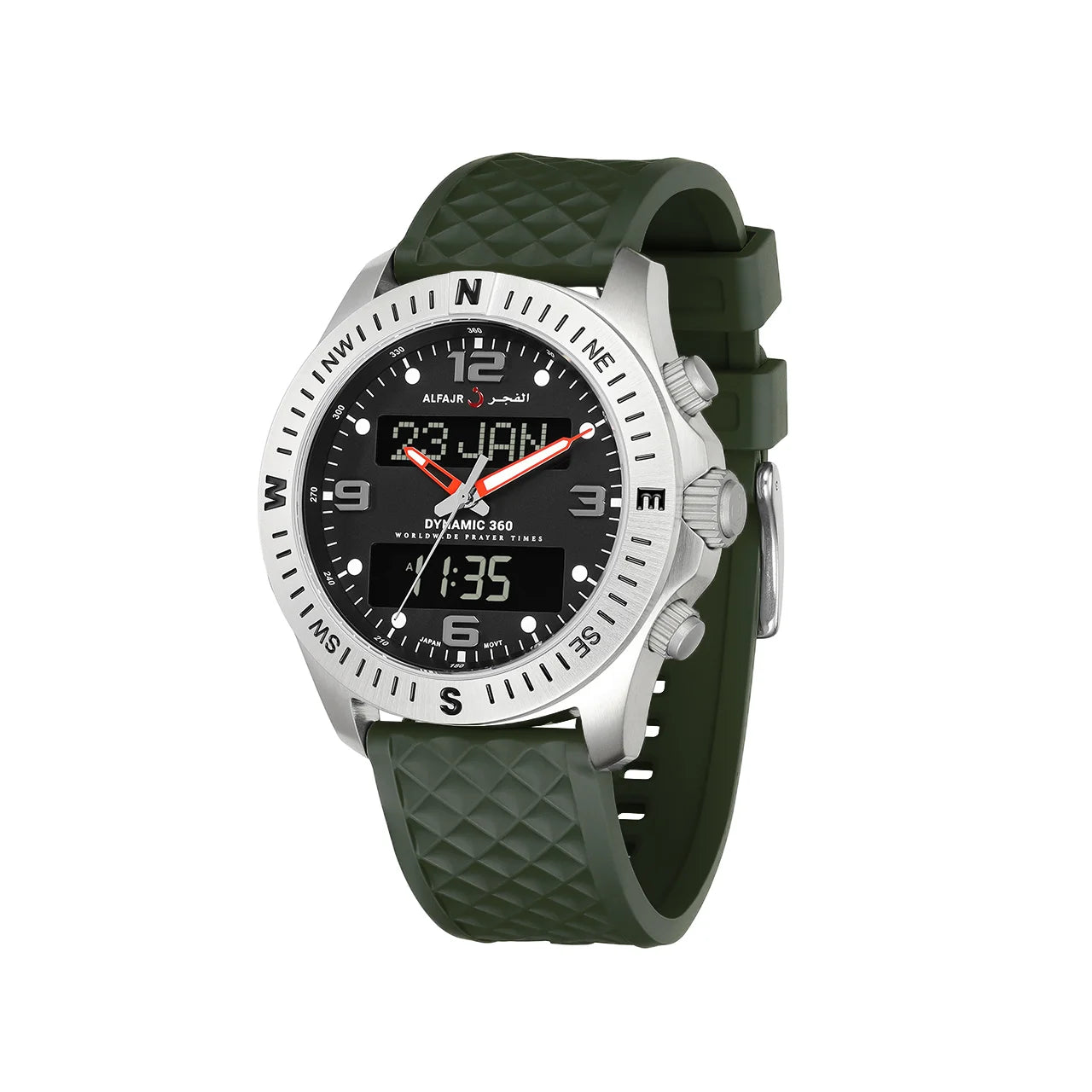 Al Fajr Dynamic 360 Azan Watch Silver Dial WH-24 – Green Strap