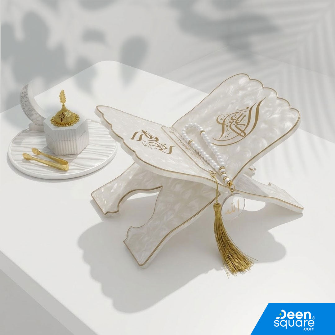 Elegant white resin Quran stand set with 2 bookmarks and tasbeeh keychain. Perfect for Ramadan, Hajj gifts & Islamic home décor.