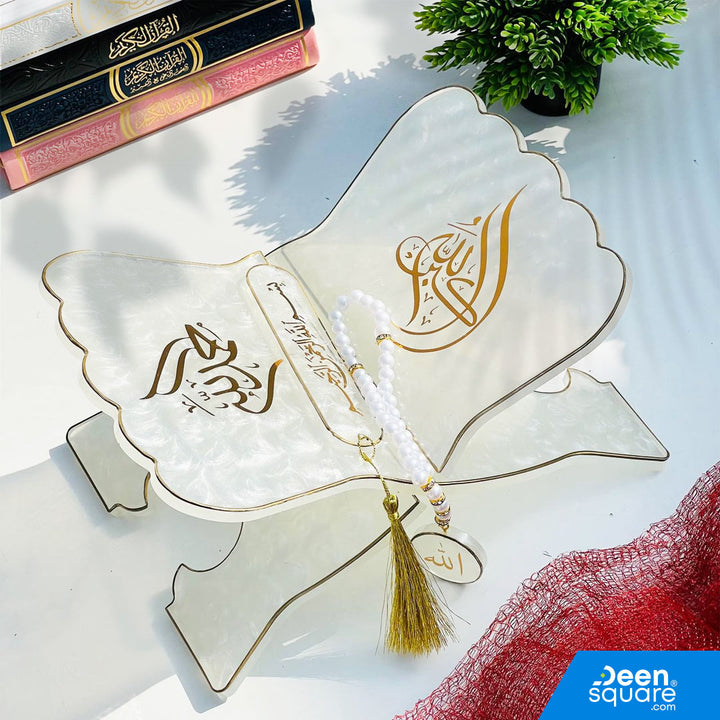 Elegant white resin Quran stand set with 2 bookmarks and tasbeeh keychain. Perfect for Ramadan, Hajj gifts &amp; Islamic home décor.