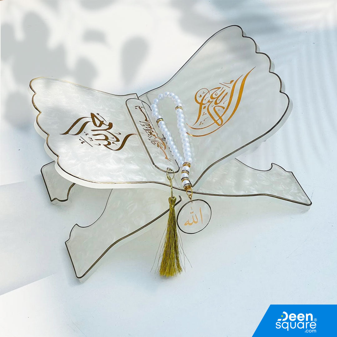 Elegant white resin Quran stand set with 2 bookmarks and tasbeeh keychain. Perfect for Ramadan, Hajj gifts &amp; Islamic home décor.