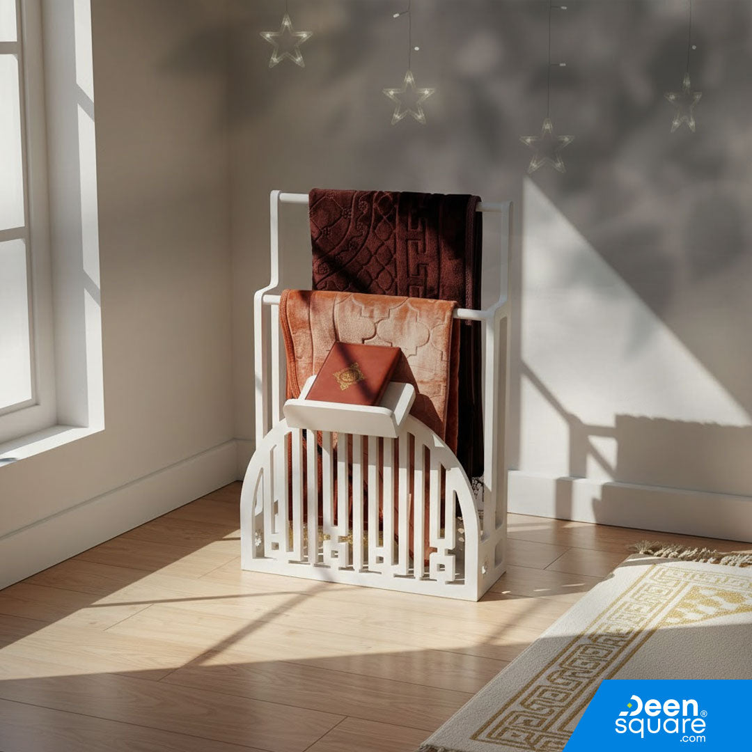 Wooden prayer mat organizer with dedicated Quran shelf. Durable design ideal for home and masjid use. Keeps prayer mats and Islamic essentials organized.