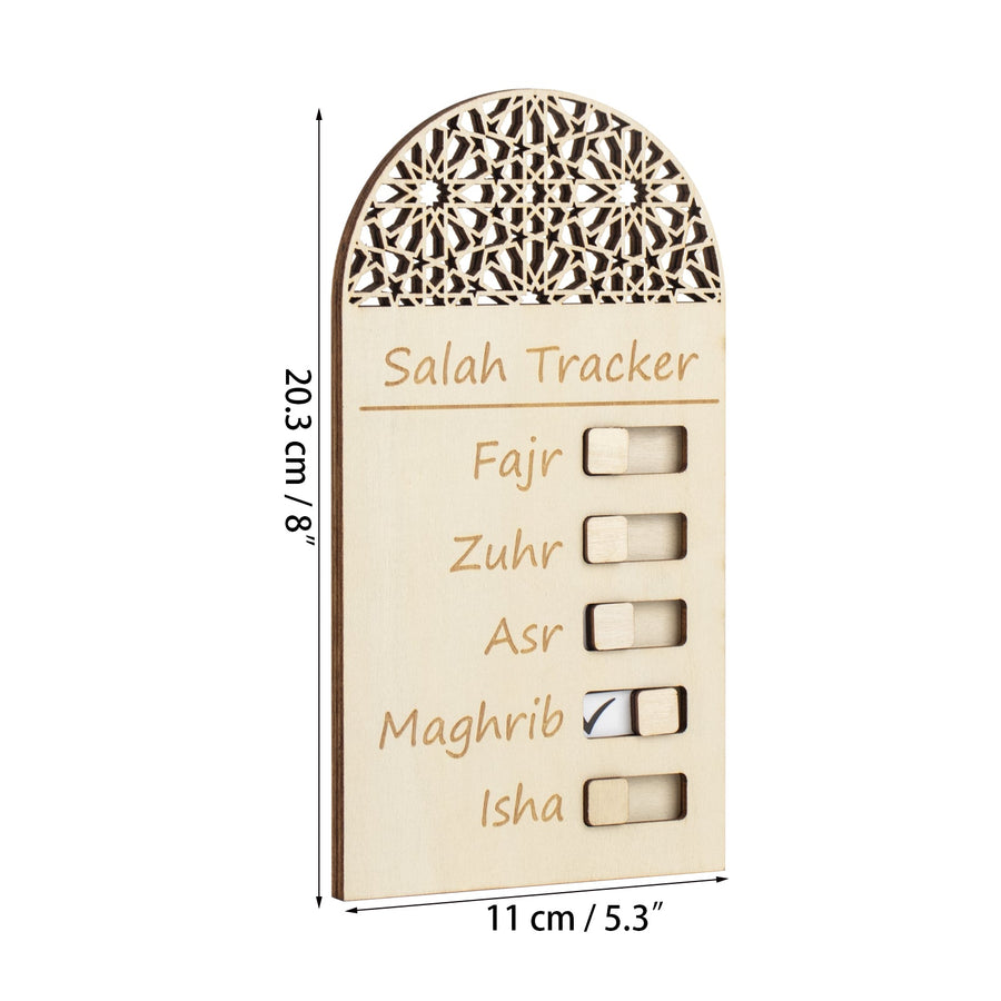 Wooden magnetic Salah tracker with toggle switches to track daily prayers. Perfect for kids and adults to build a consistent prayer habit.
