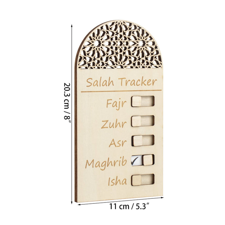 Wooden magnetic Salah tracker with toggle switches to track daily prayers. Perfect for kids and adults to build a consistent prayer habit.