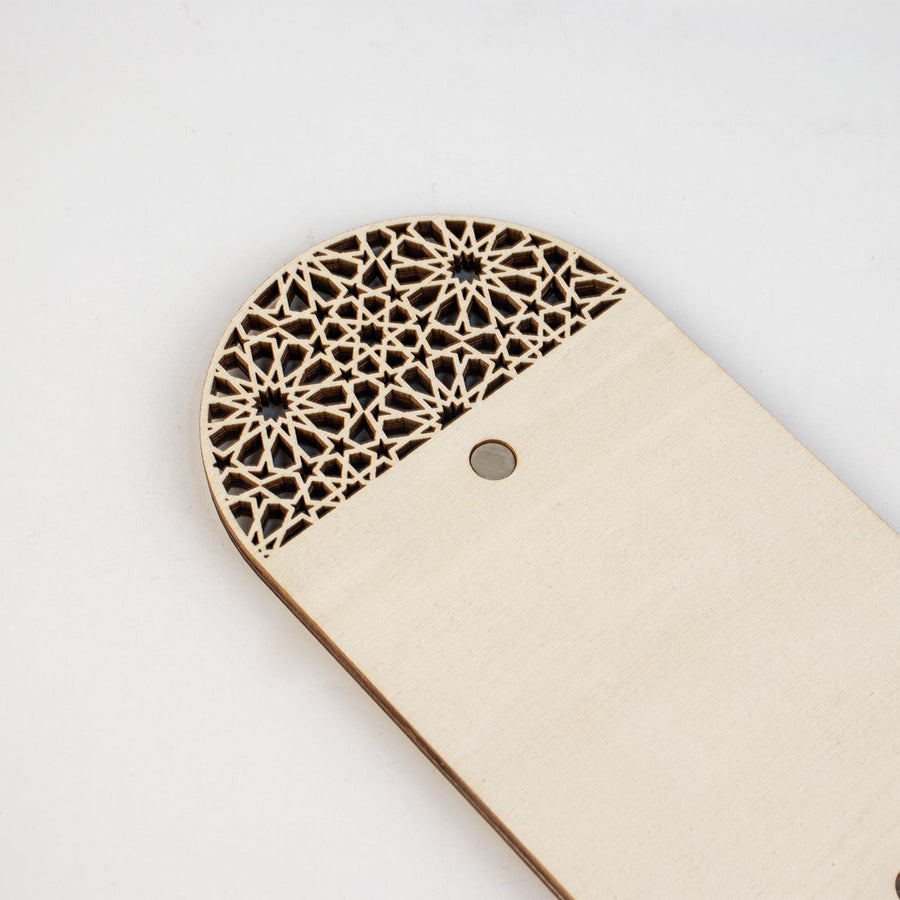 Wooden magnetic Salah tracker with toggle switches to track daily prayers. Perfect for kids and adults to build a consistent prayer habit.