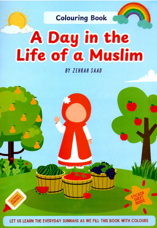 Cover of A Day in the Life of a Muslim colouring book for kids.