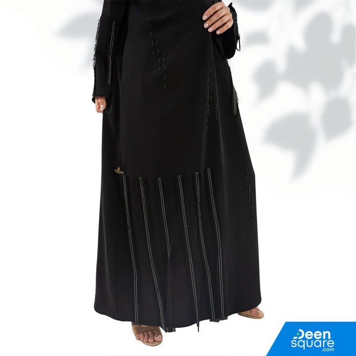 Premium Crepe With Fringes And Detailing Front Open Abaya - Black