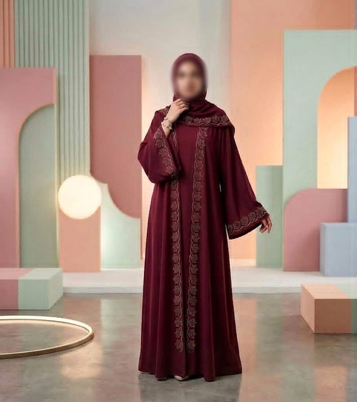 Elegant maroon open abaya in premium flowy TikTok fabric with intricate embroidery, modest fashion UAE
