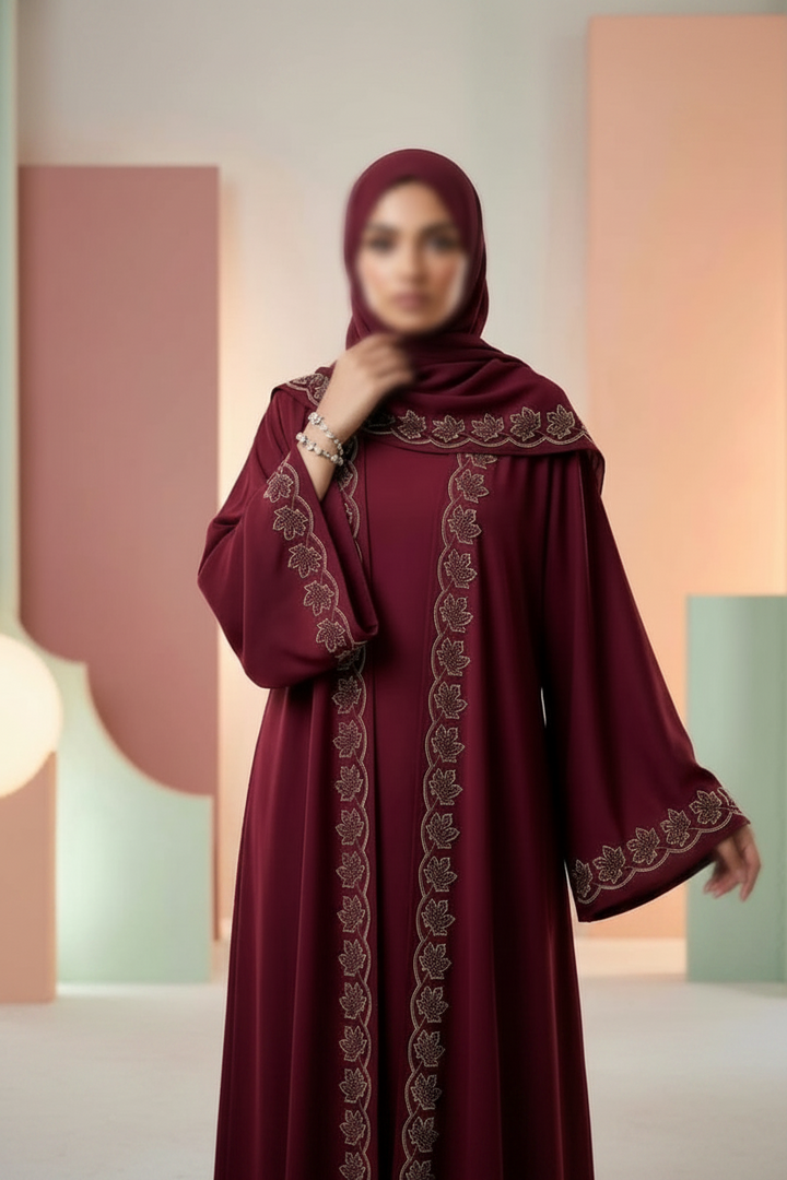 Premium TikTok Fabric Embroidered Open Abaya – Lightweight &amp; Wrinkle-Free - Maroon