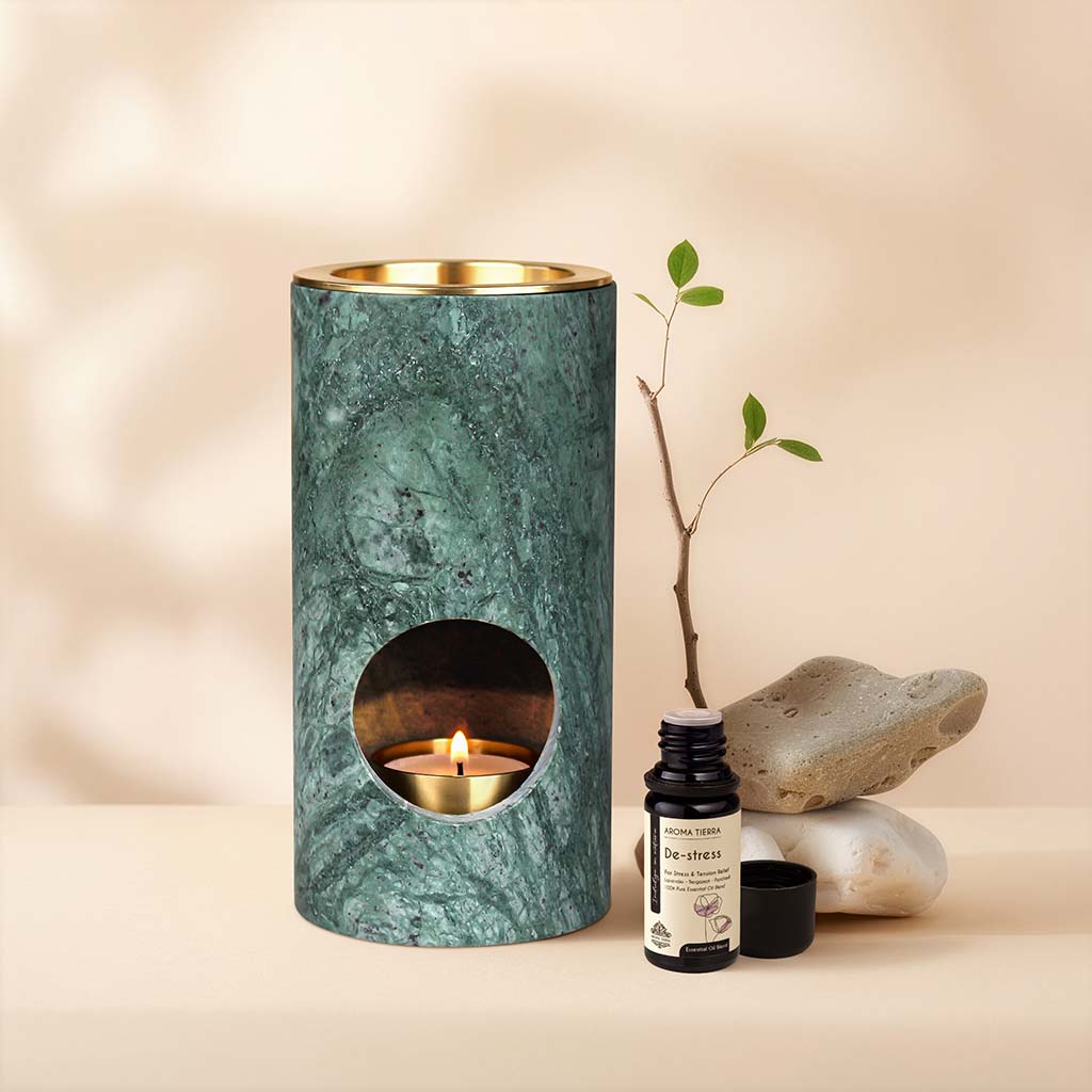 Aroma Tierra Eden green marble candle burner with de-stress essential oil blend