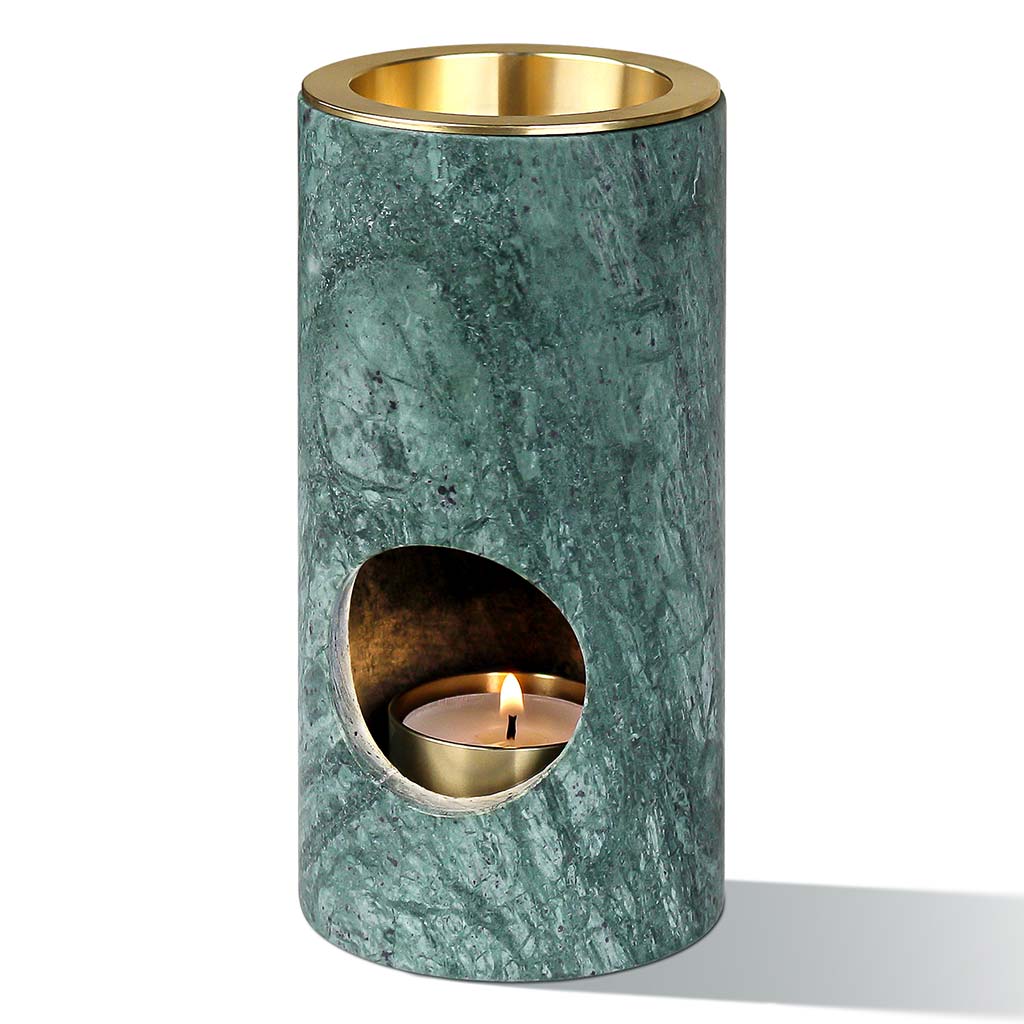 Aroma Tierra Eden green marble candle burner — top view showing brass oil dish detail