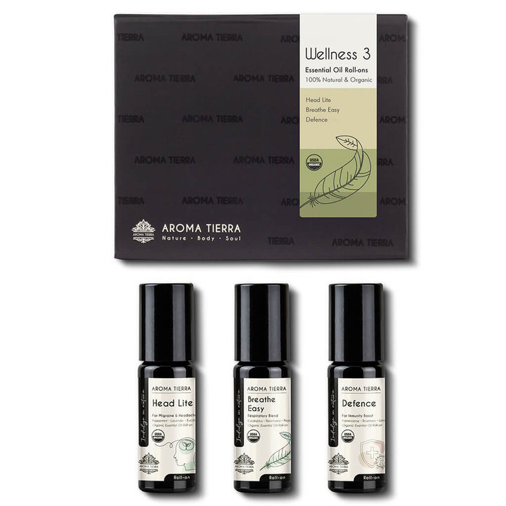 Aroma Tierra Wellness Roll-on Set – 3 organic essential oils for headache, breathe easy, and defence, ideal for gifting and daily use.