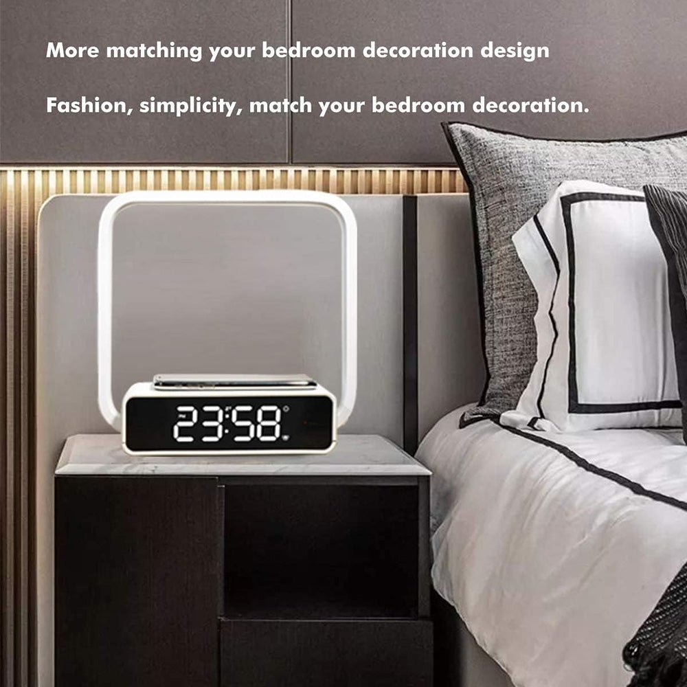 Buy B18D bedside lamp with wireless charging, clock &amp; RGB light at buy at deensquare.com. Smart LED night light in Dubai | UAE.