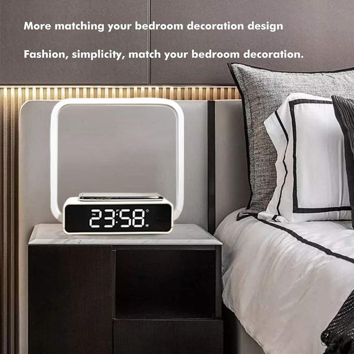 Buy B18D bedside lamp with wireless charging, clock &amp; RGB light at buy at deensquare.com. Smart LED night light in Dubai | UAE.