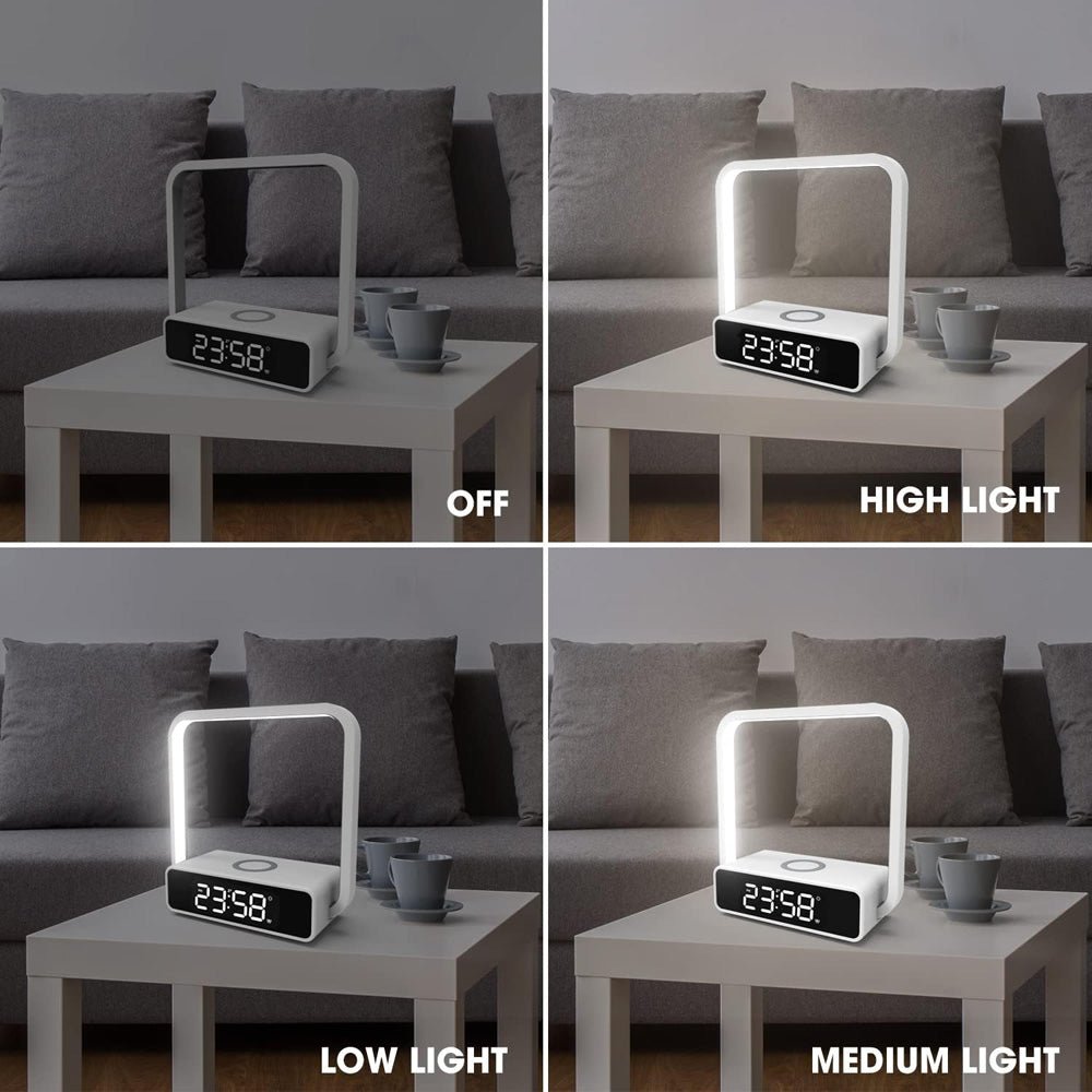 Buy B18D bedside lamp with wireless charging, clock &amp; RGB light at buy at deensquare.com. Smart LED night light in Dubai | UAE.