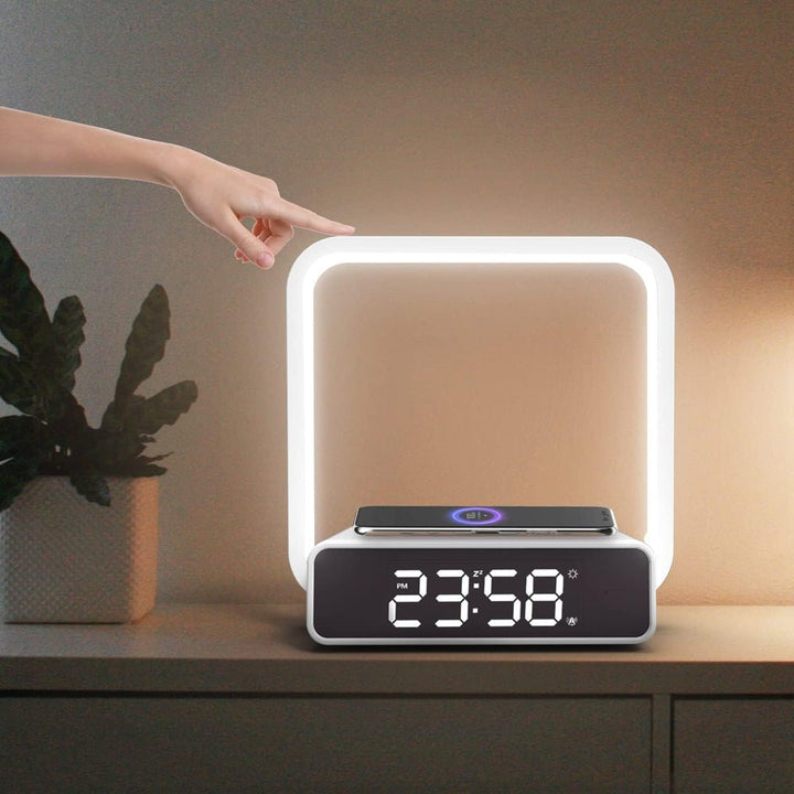 Buy B18D bedside lamp with wireless charging, clock &amp; RGB light at buy at deensquare.com. Smart LED night light in Dubai | UAE.