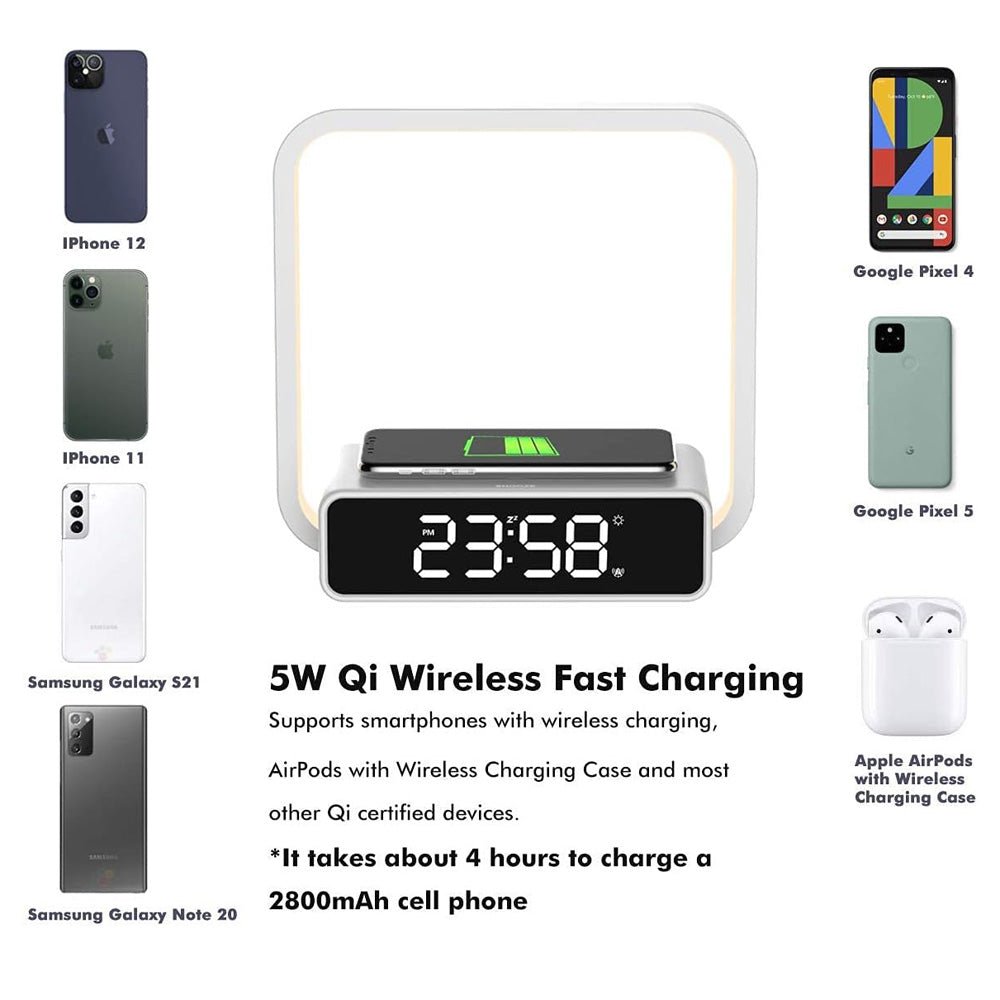 Buy B18D bedside lamp with wireless charging, clock &amp; RGB light at buy at deensquare.com. Smart LED night light in Dubai | UAE.