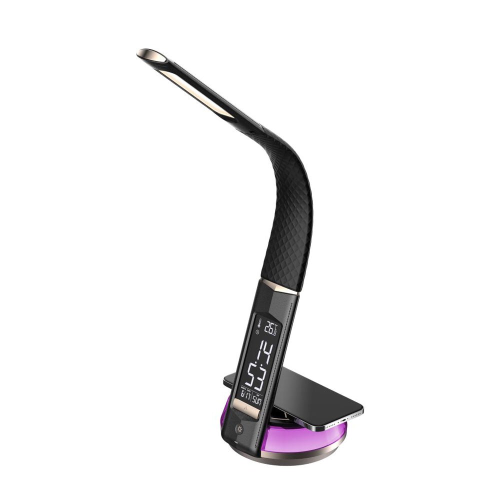Buy B22D LED Table Lamp with Wireless Charging at deensquare.com Dubai | UAE. Features clock, temperature display, mood light & pen holder.