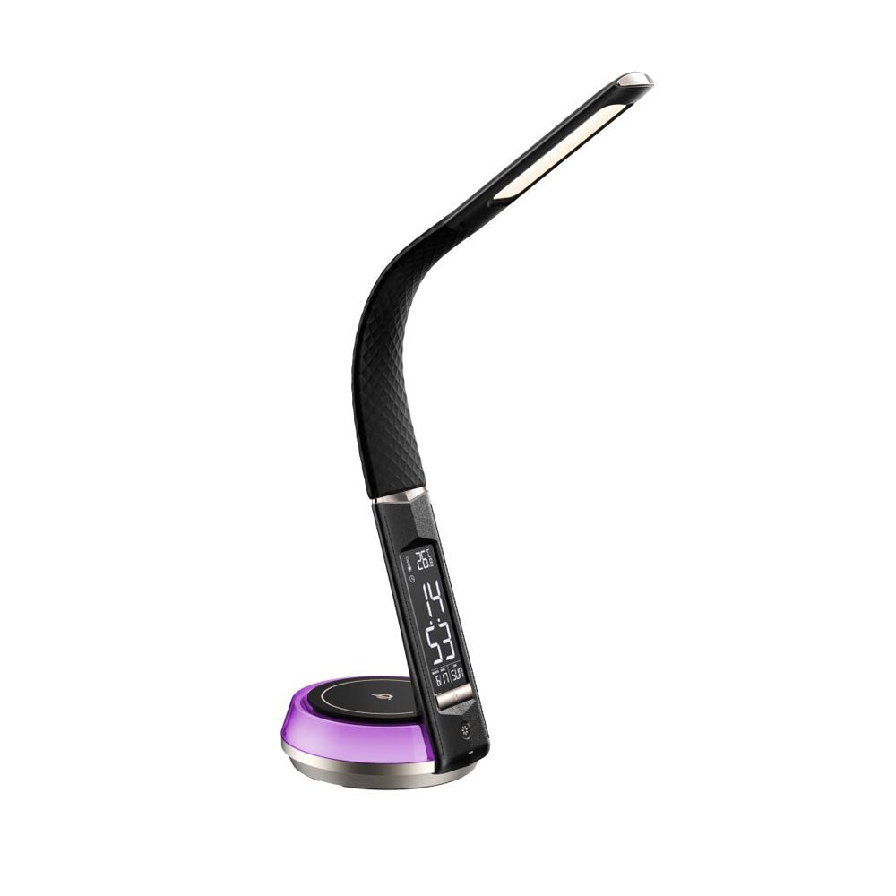 Buy B22D LED Table Lamp with Wireless Charging at deensquare.com Dubai | UAE. Features clock, temperature display, mood light & pen holder.