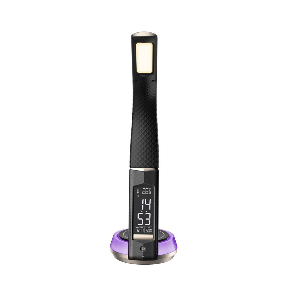 Buy B22D LED Table Lamp with Wireless Charging at deensquare.com Dubai | UAE. Features clock, temperature display, mood light &amp; pen holder.
