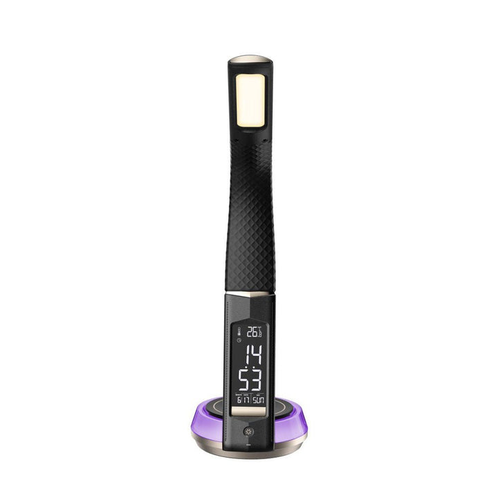 Buy B22D LED Table Lamp with Wireless Charging at deensquare.com Dubai | UAE. Features clock, temperature display, mood light &amp; pen holder.