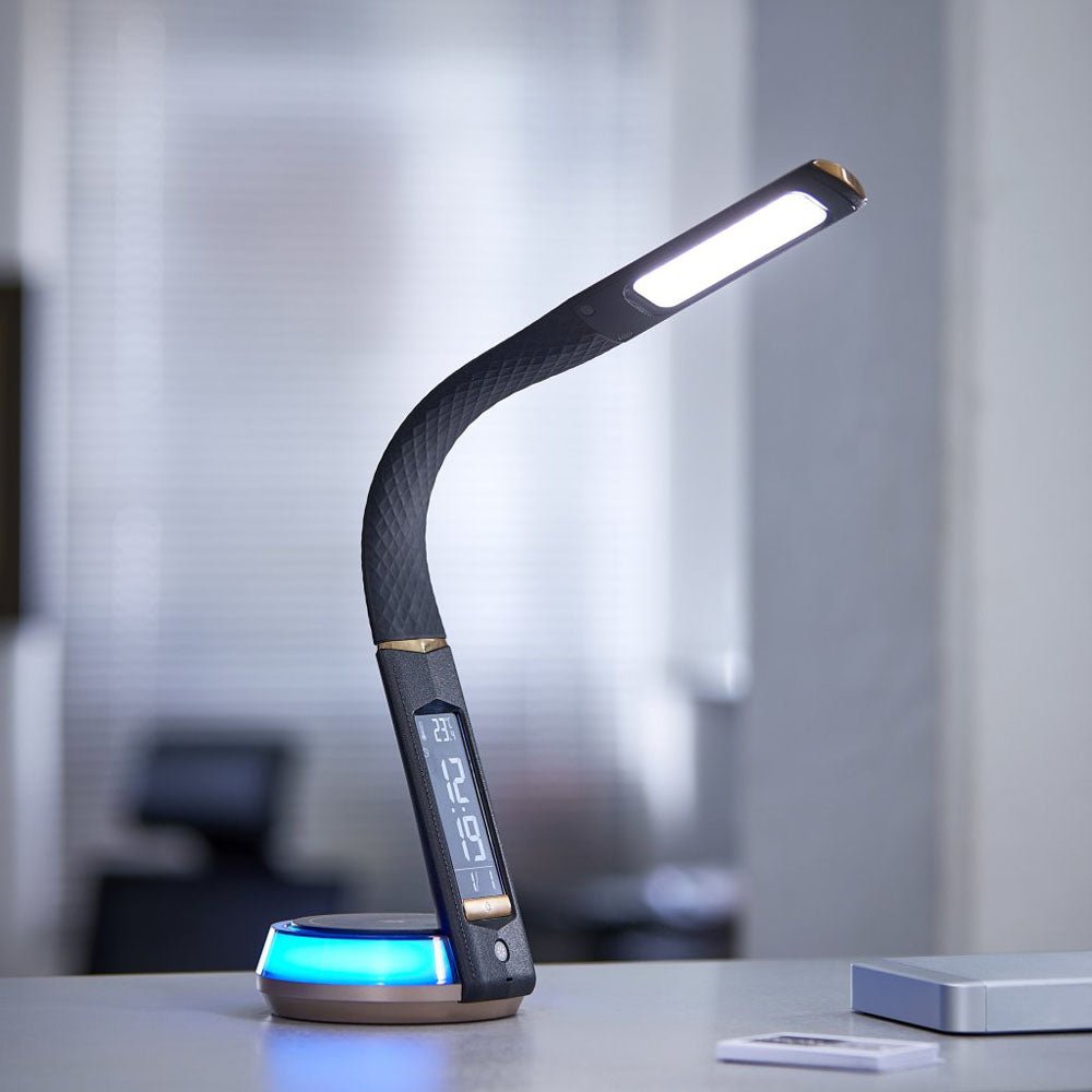 Buy B22D LED Table Lamp with Wireless Charging at deensquare.com Dubai | UAE. Features clock, temperature display, mood light &amp; pen holder.
