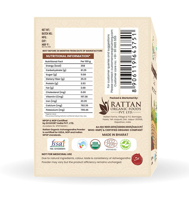 Nutriorg Certified Organic Ashwagandha Powder 100g