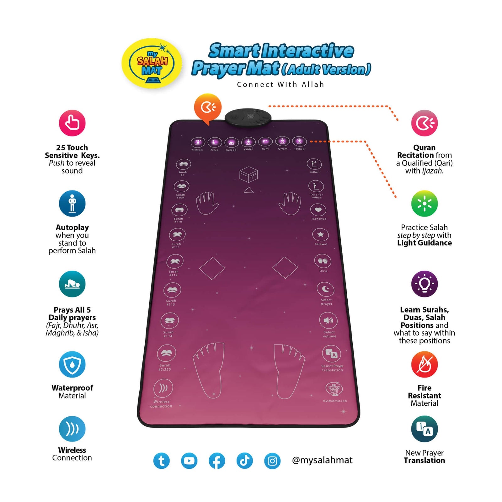 My Salah Mat Adult & Revert Muslim Educational Interactive Prayer Mat with Wireless Connection & Salah Translation - Pink Color