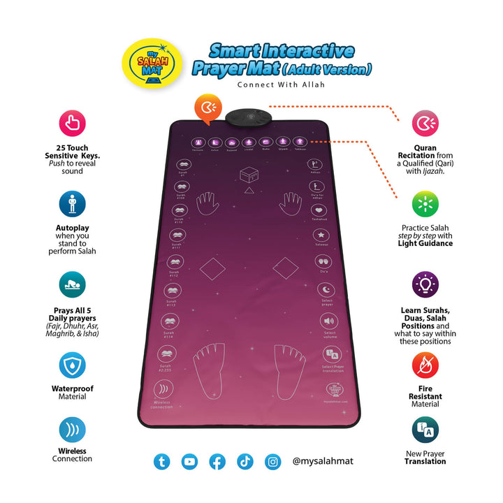 My Salah Mat Adult & Revert Muslim Educational Interactive Prayer Mat with Wireless Connection & Salah Translation - Pink Color