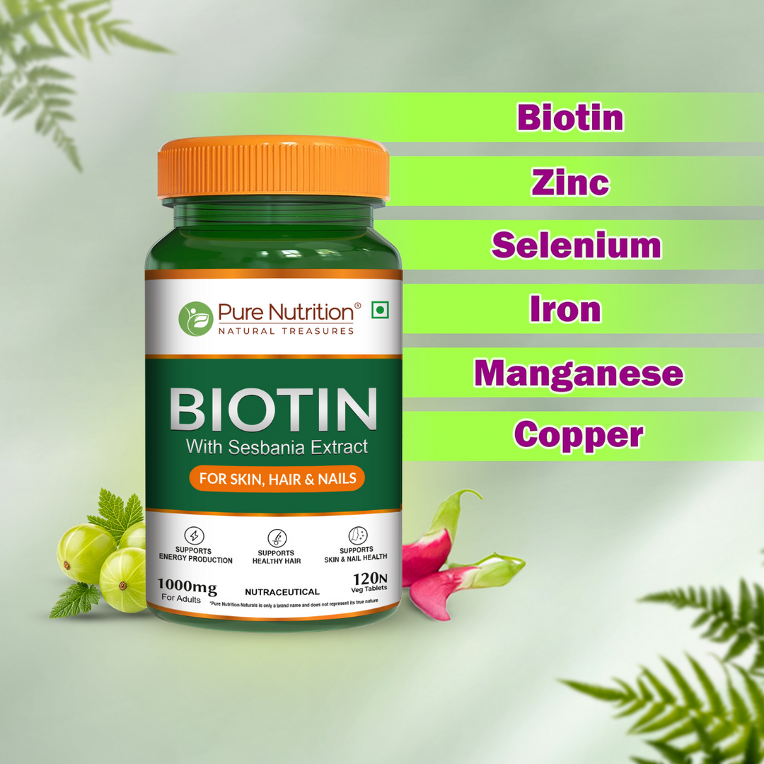 Pure Nutrition biotin tablets with amla moringa bamboo for hair skin and nails support