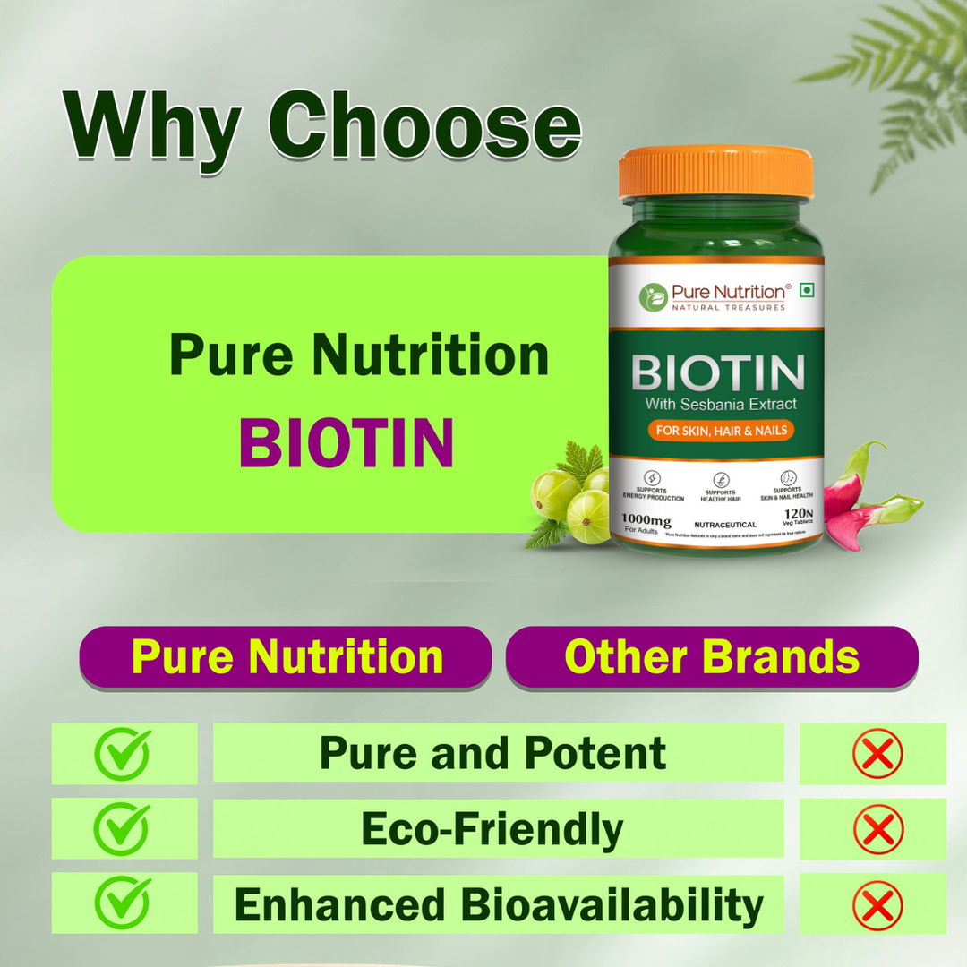 Pure Nutrition biotin tablets with amla moringa bamboo for hair skin and nails support